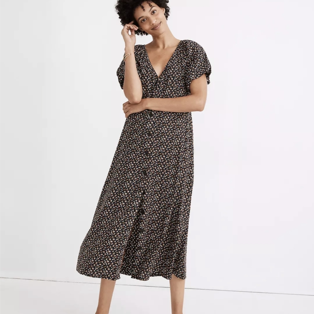 Madewell Bubble-Sleeve Button-Front Midi Dress in Adorable Ditsy / SMALL (OBO)